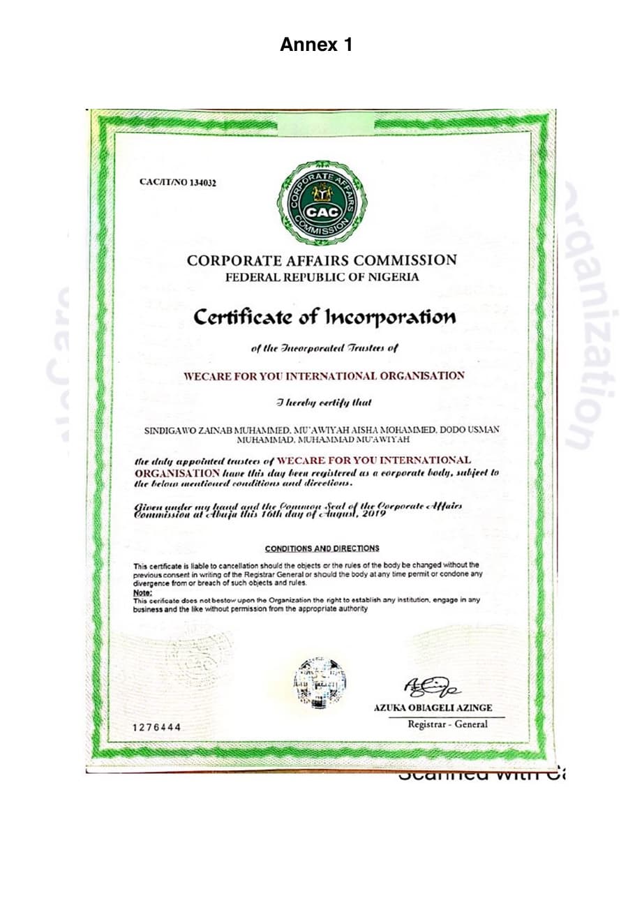 Corporate Affairs Commission certificate of incorporation for WeCare For You International Organisation, dated 16 August 2019.