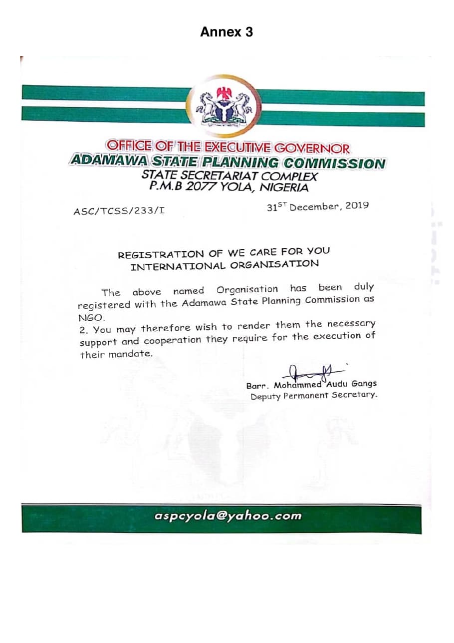 Adamawa State Planning Commission letter registering WeCare For You International Organisation as an NGO, dated 31 December 2019.
