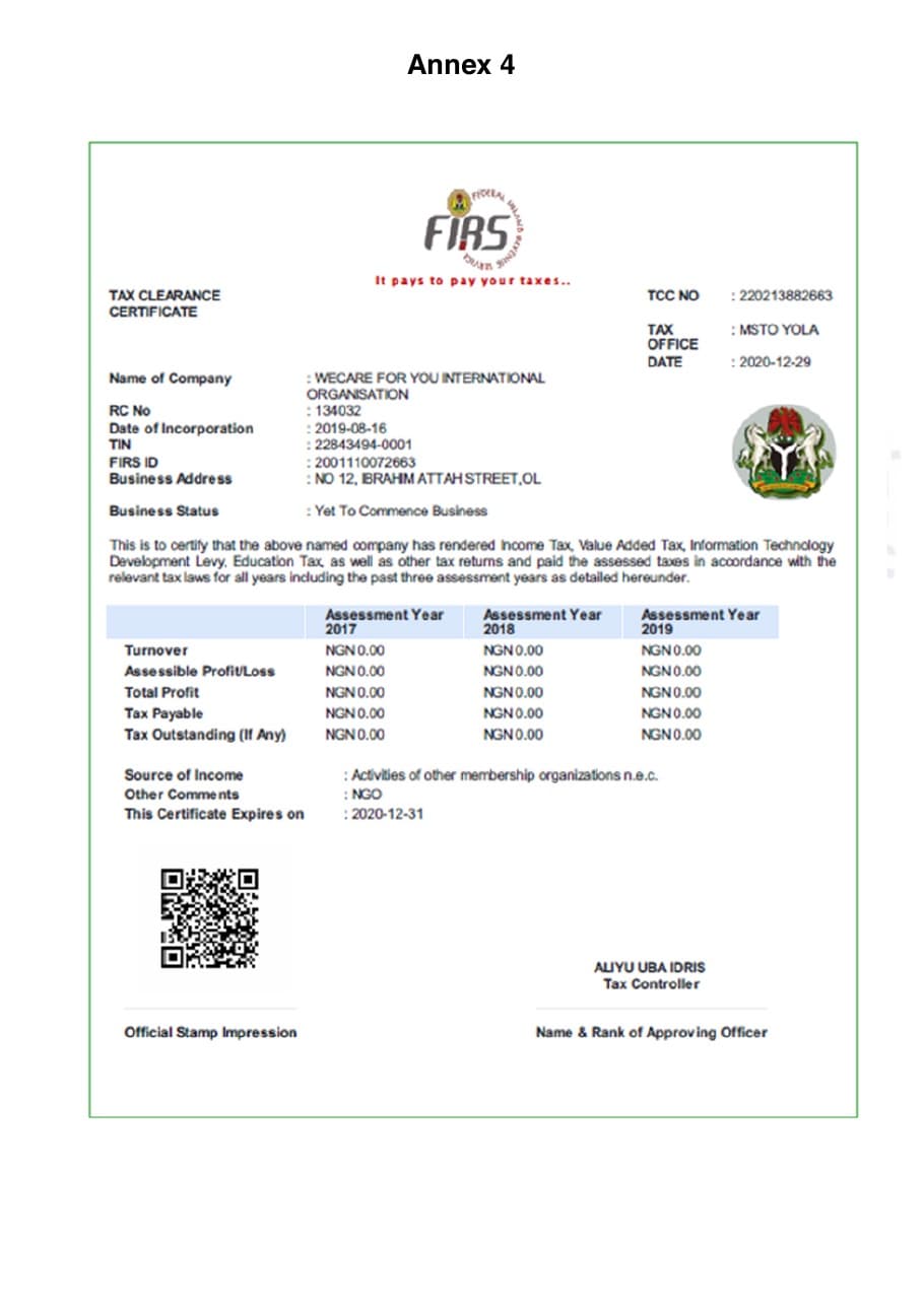 Federal Inland Revenue Service tax clearance certificate for WeCare For You International Organisation, issued 29 December 2020.
